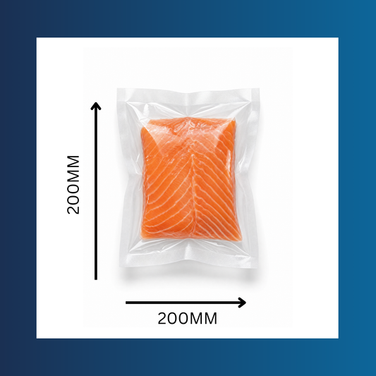 Meat sealed in a 200x200mm 65 micron clear vacuum pouch