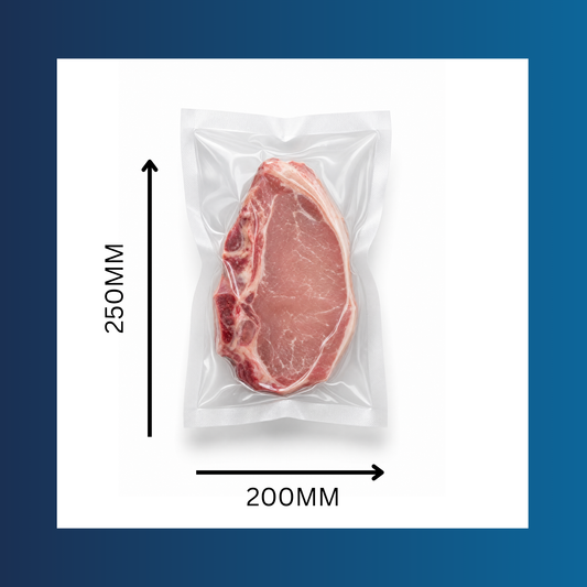 Clear 200x250mm 65 micron vacuum pouch shown sealing fresh food items