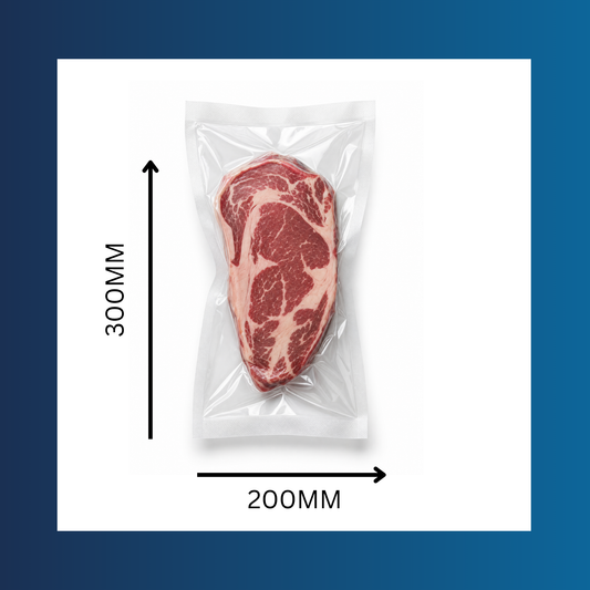 Fresh meat sealed inside a 200x300mm 65 micron clear vacuum pouch