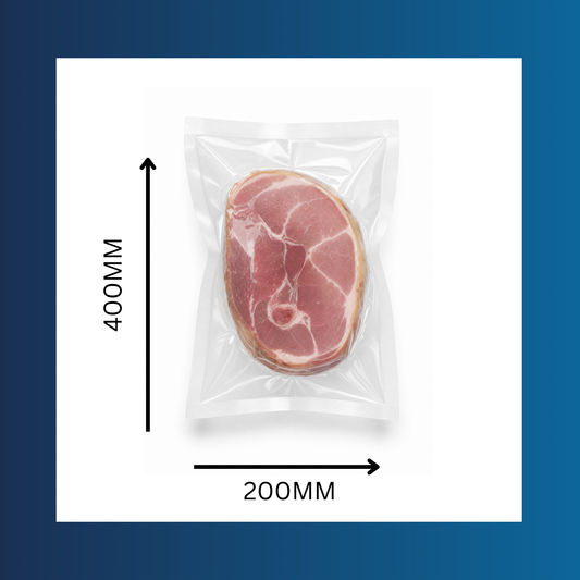 Clear 200x400mm 65 micron vacuum pouch shown sealed around fresh food