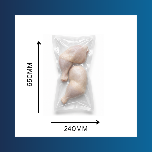 Clear 240 x 650mm 65 micron vacuum pouch shown sealing fresh food