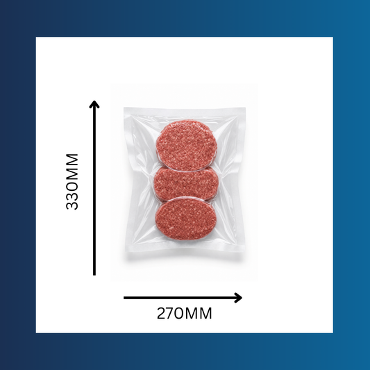 Meat sealed in a 270x330mm 65 micron clear vacuum pouch