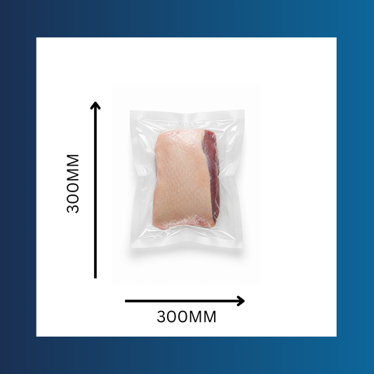 Clear 300x300mm vacuum pouch shown sealed around fresh food for storage