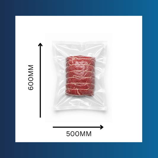 Close-up of 500x600mm 65 micron clear vacuum pouch with sealed food inside