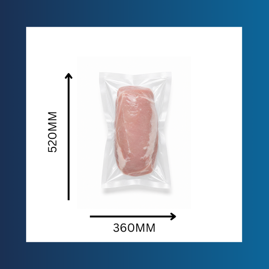 Clear 360 x 520mm 65 micron vacuum pouch shown sealed with fresh meat inside