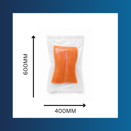 Close-up of 400x600mm 65 micron clear vacuum pouch with sealed food inside