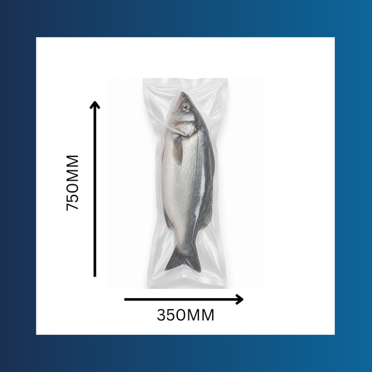 Close-up of 350x750mm 65 micron clear vacuum pouch sealing fresh meat