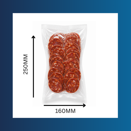 Clear 160x250mm 65mu vacuum pouch shown sealing fresh food for storage