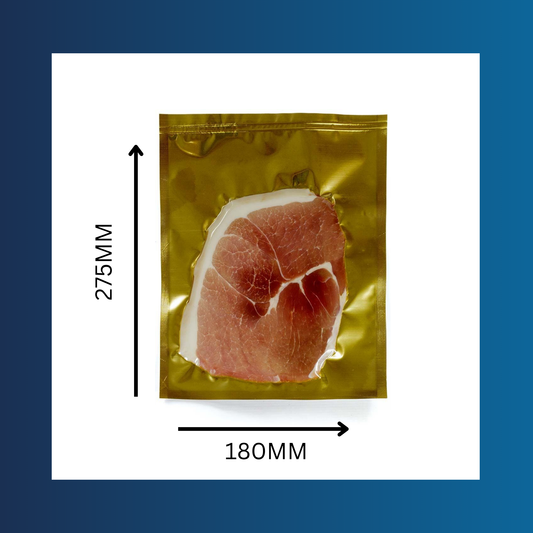 180x275mm 80 micron gold vacuum pouch with clear front and euro holes