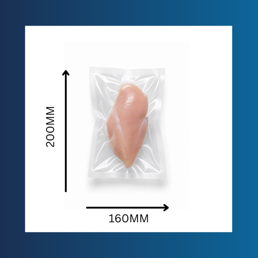 Meat sealed in a 160x200mm 65 micron clear vacuum pouch