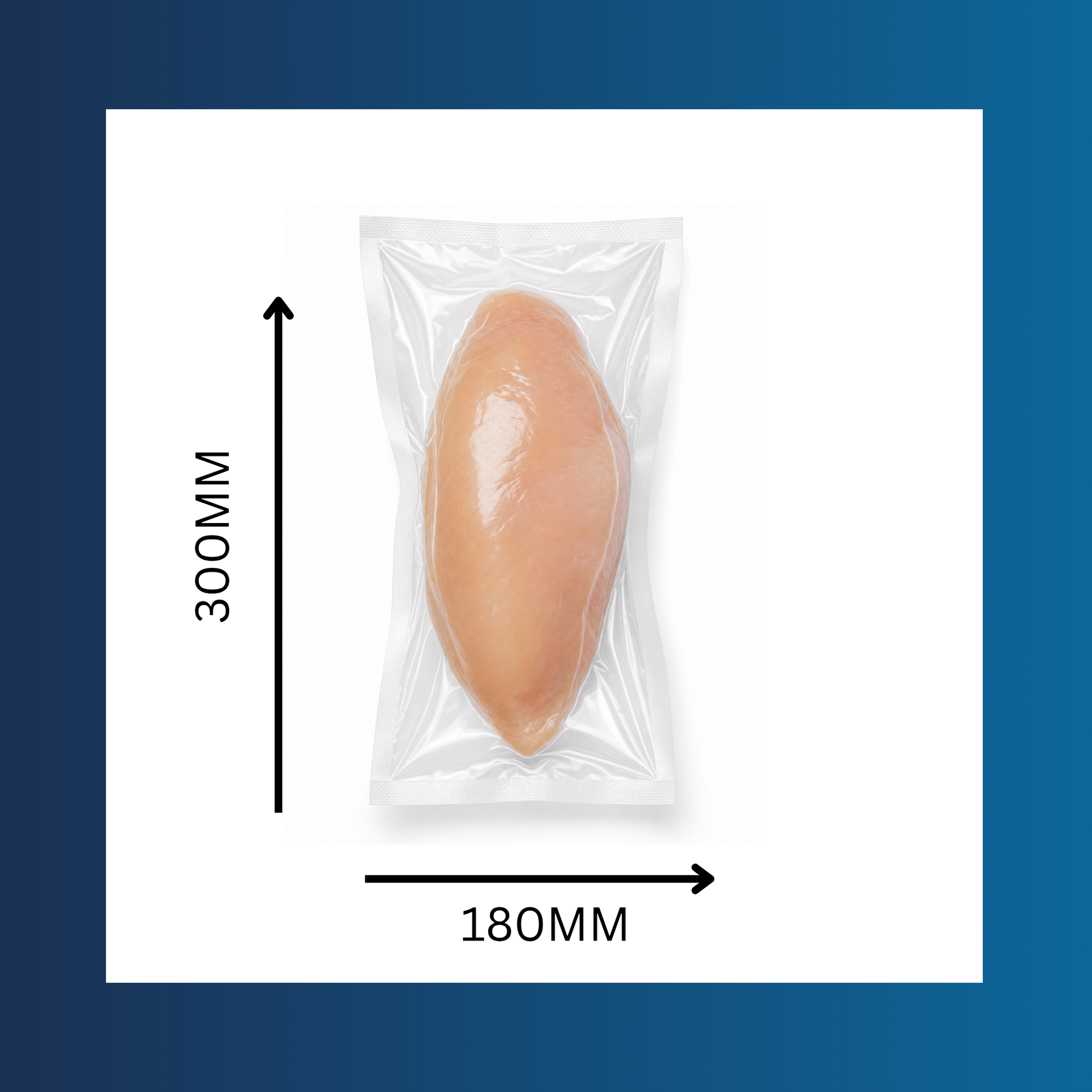 Clear 180x300mm 65 micron vacuum pouch shown sealed around fresh food