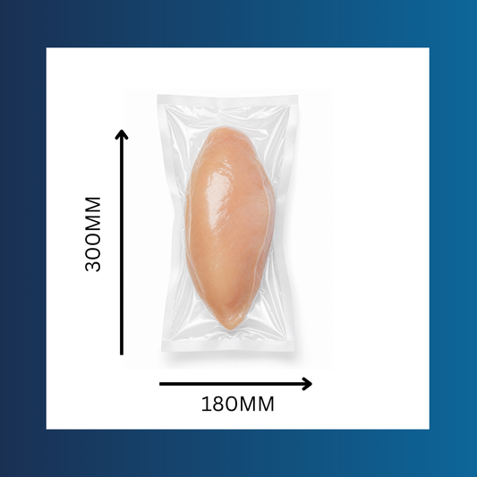 Clear 180x300mm 65 micron vacuum pouch shown sealed around fresh food