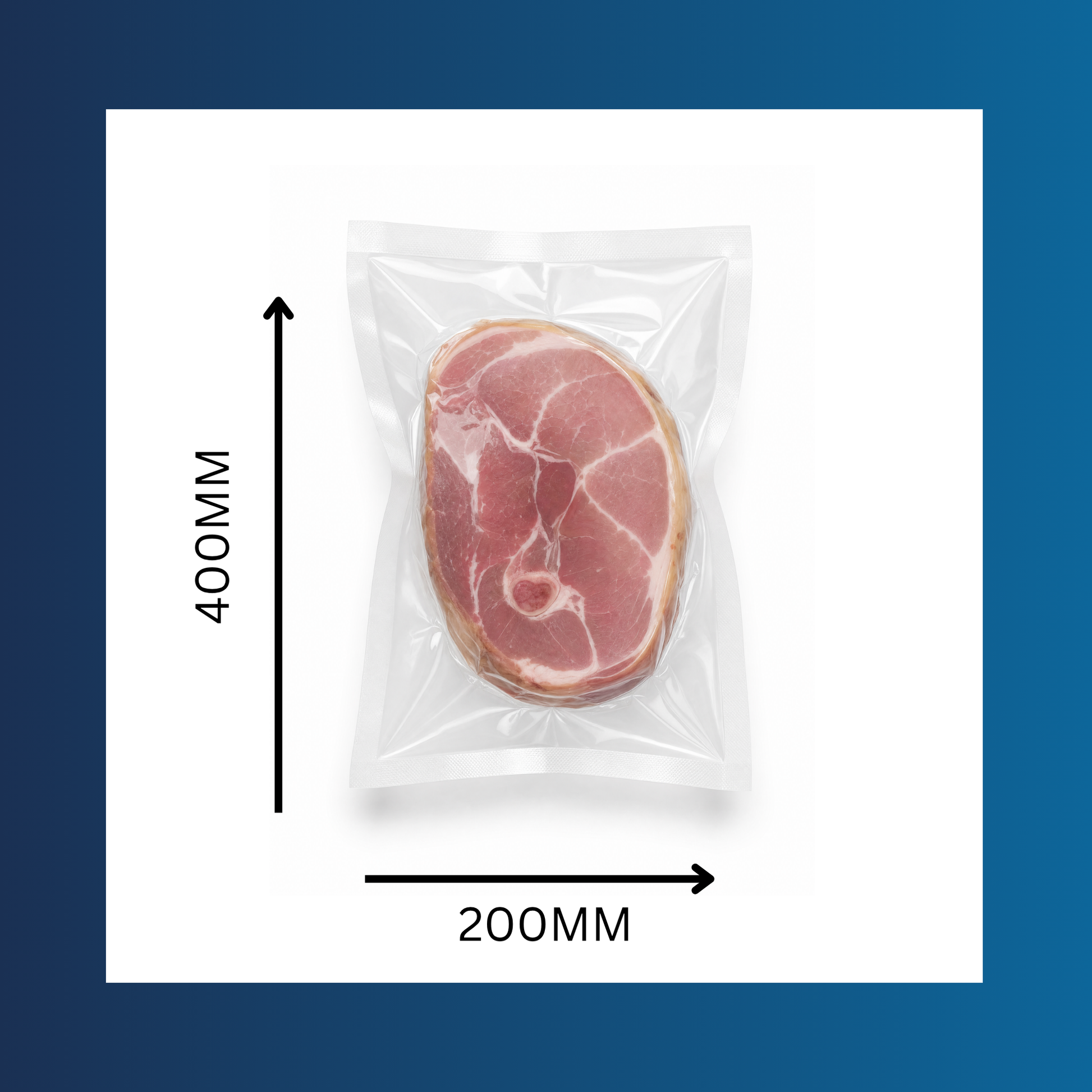 Clear 200x400mm 65 micron vacuum pouch shown sealed around fresh food