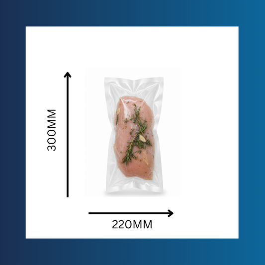 Clear 220x300mm 65 micron vacuum pouch shown sealed around fresh food