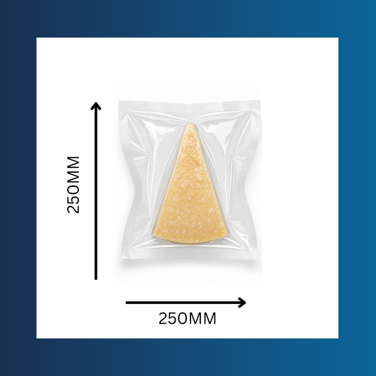 Clear 250x250mm 65 micron vacuum pouch shown sealed around fresh food