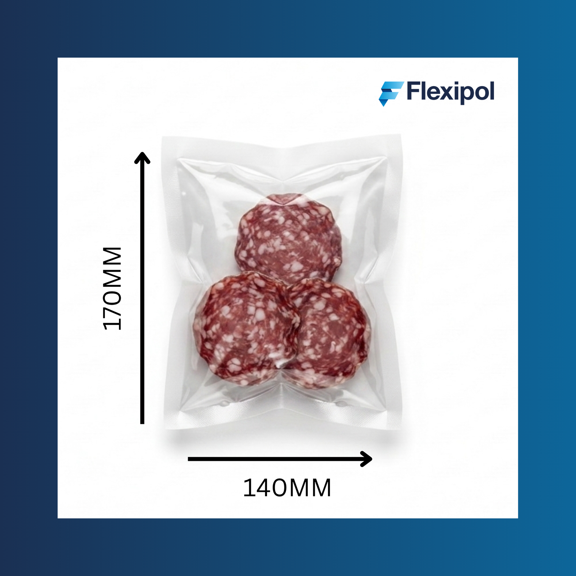 Clear 140x170mm 65mu vacuum pouch shown sealed around fresh food product