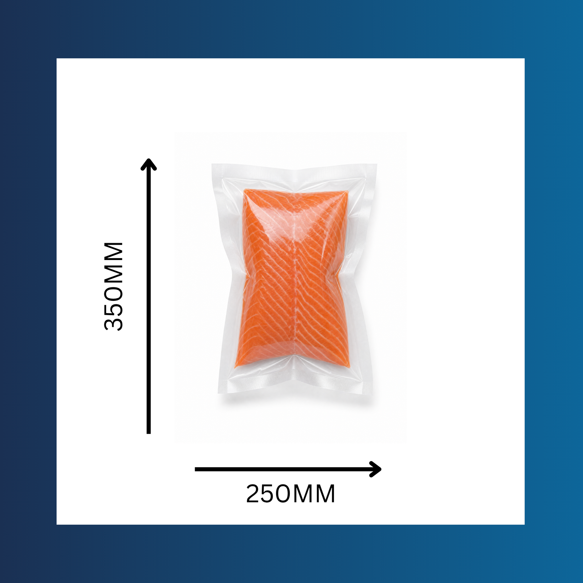 Clear 250x350mm 65 micron vacuum pouch shown sealing fresh food products