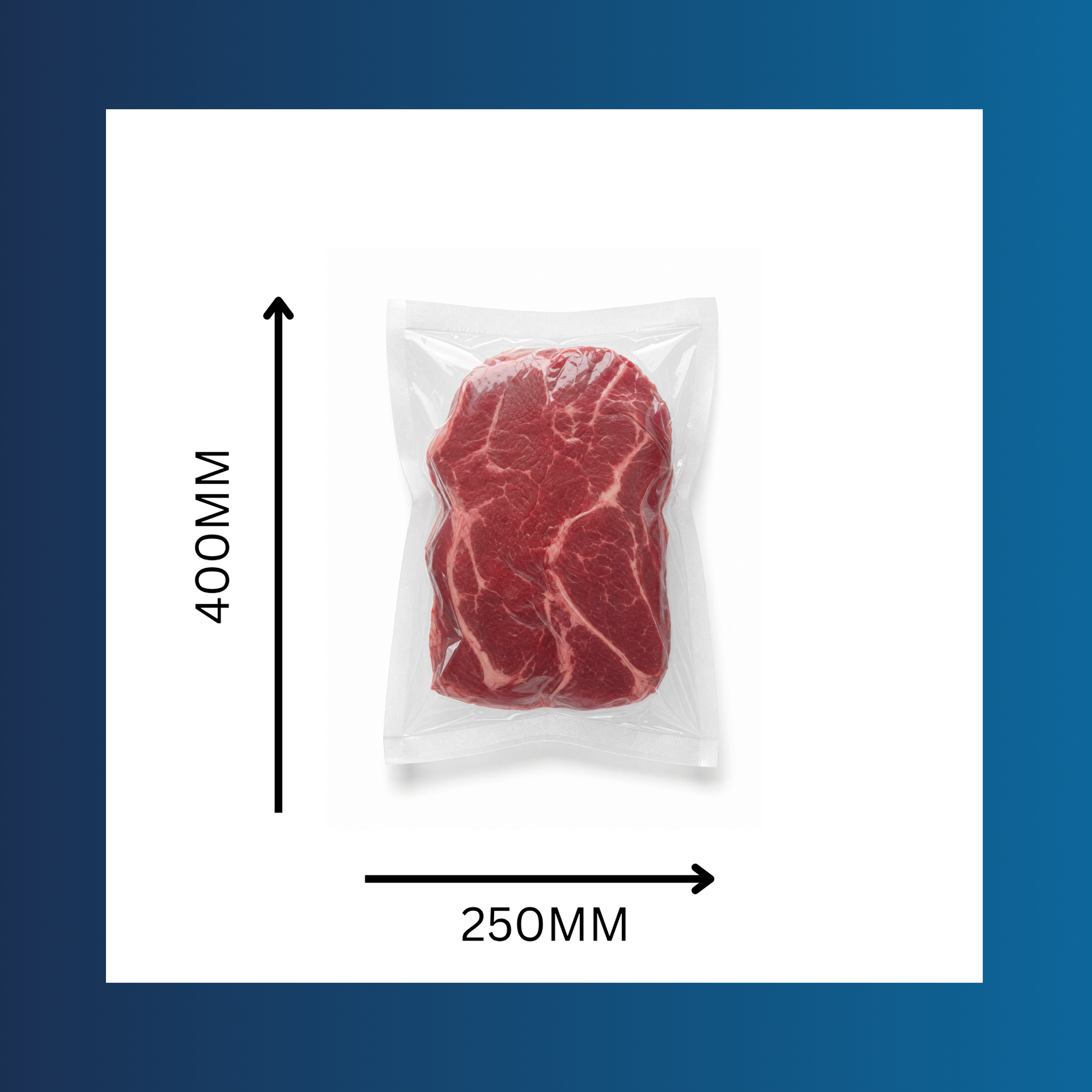 Close-up detail of 250x400mm 65 micron clear vacuum pouch with food inside