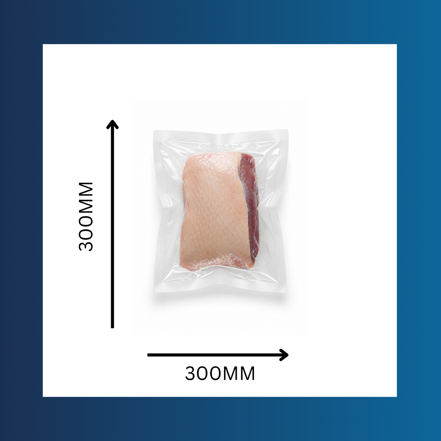 Clear 300x300mm vacuum pouch shown sealed around fresh food for storage