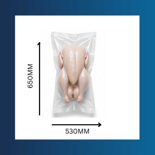 Meat sealed in a 530x650mm 65 micron clear vacuum pouch