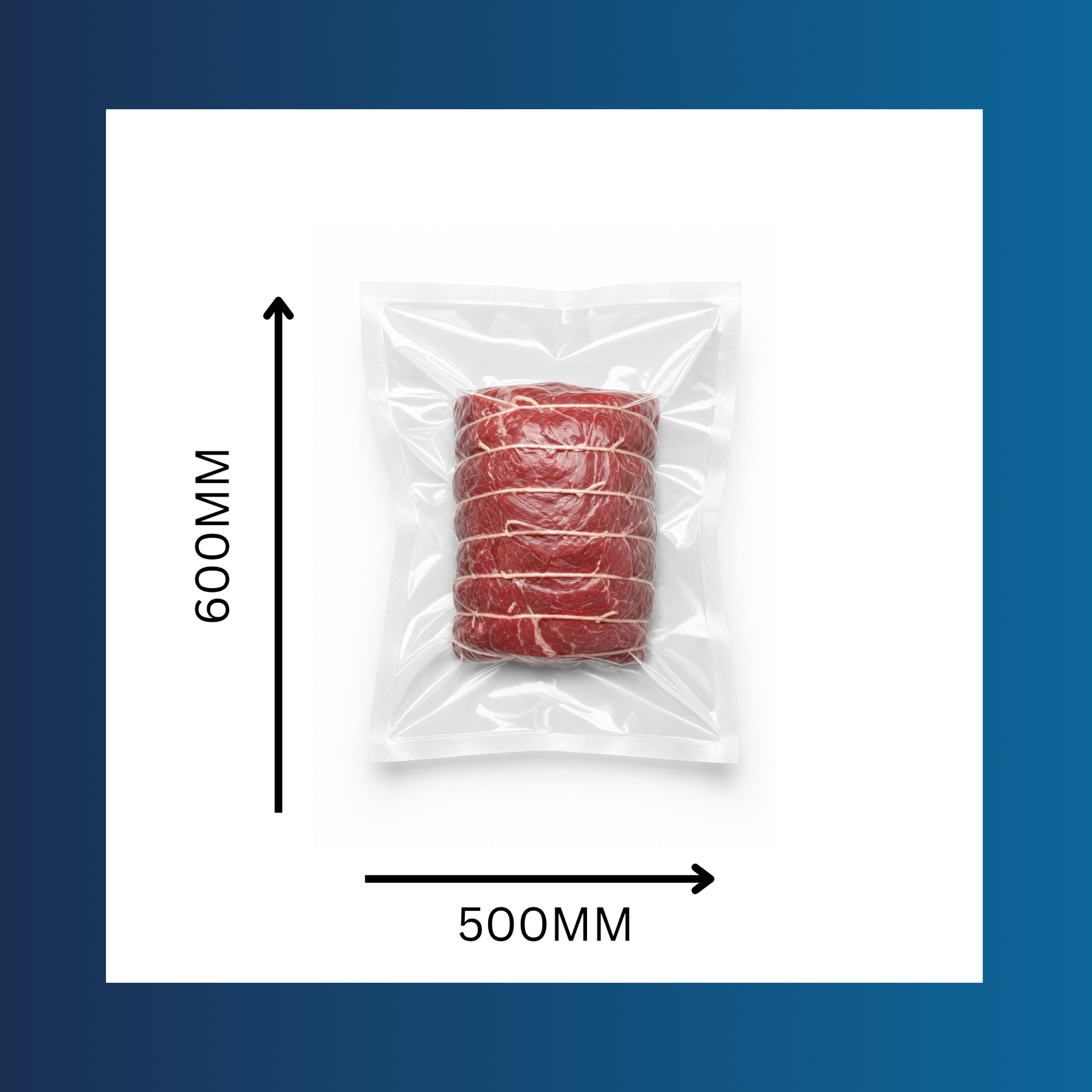 Close-up of 500x600mm 65 micron clear vacuum pouch with sealed food inside