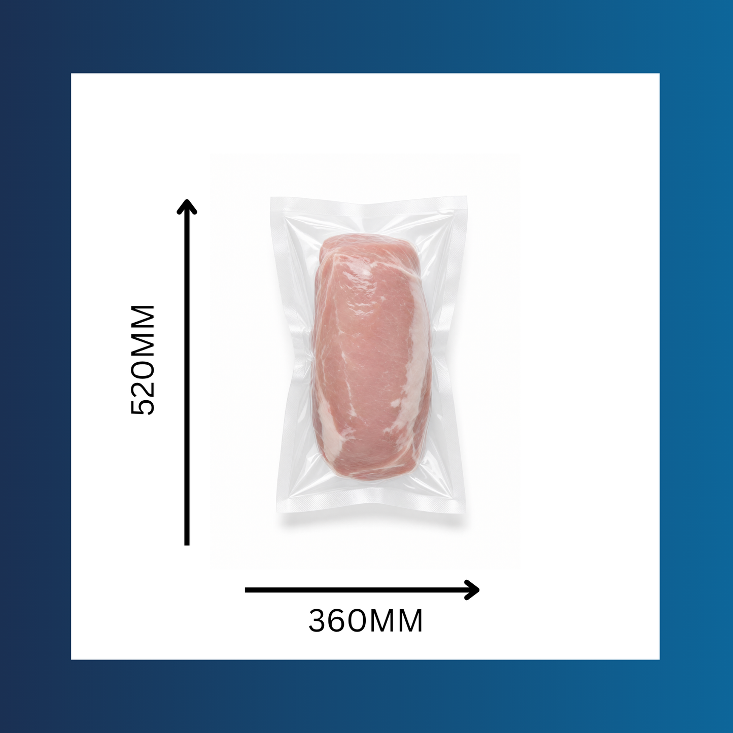 Clear 360 x 520mm 65 micron vacuum pouch shown sealed with fresh meat inside