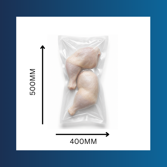 Clear 400x500mm 65mu vacuum pouch shown sealing fresh food for storage