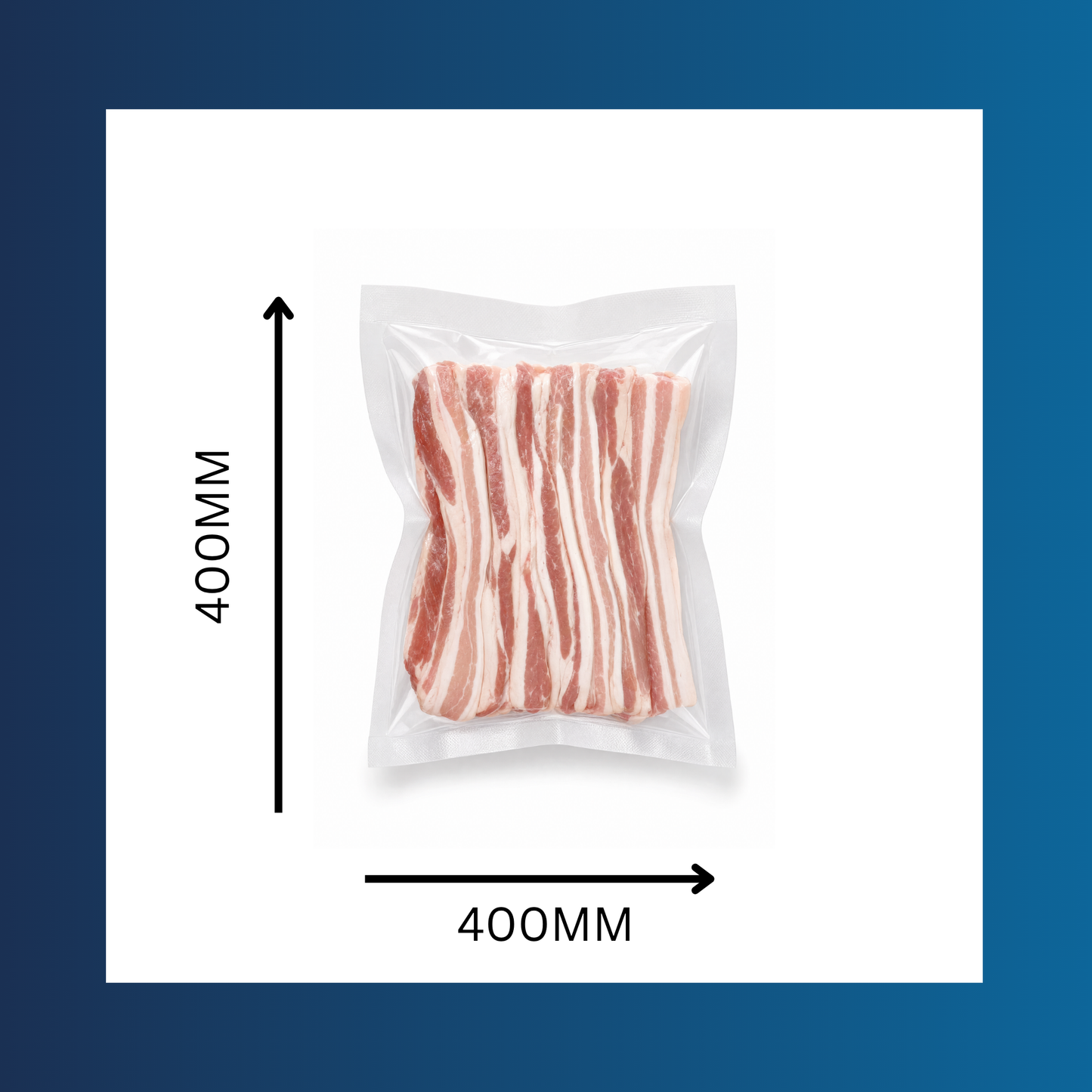 Clear 400x400mm 65 micron vacuum pouch shown sealing fresh food items