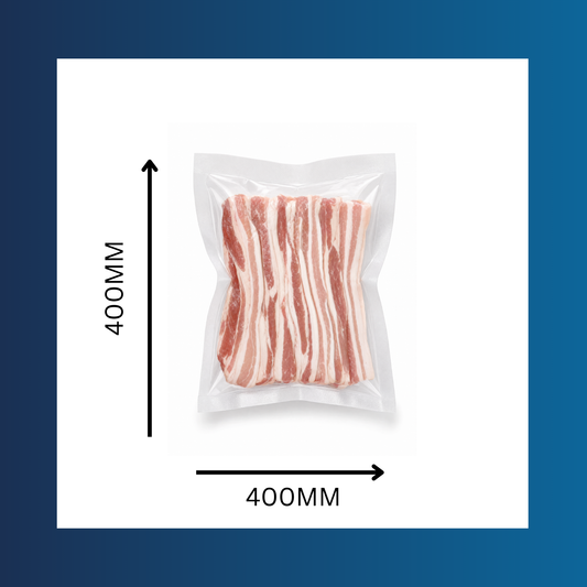 Clear 400x400mm 65 micron vacuum pouch shown sealing fresh food items