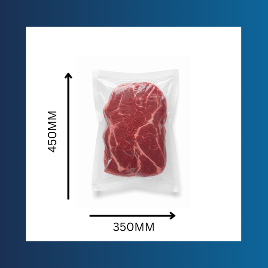 Close-up of 350x450mm 65 micron clear vacuum pouch sealing fresh meat