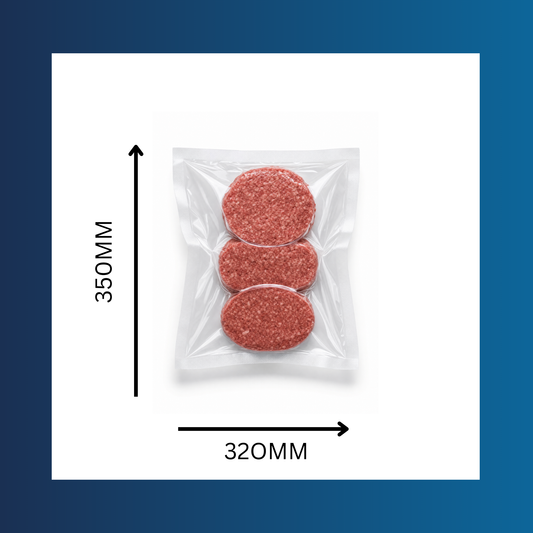 Fresh meat sealed inside a 320x350mm 65 micron clear vacuum pouch