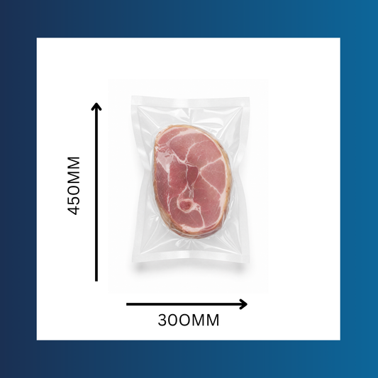 Meat sealed in a 300x450mm 65 micron clear vacuum pouch