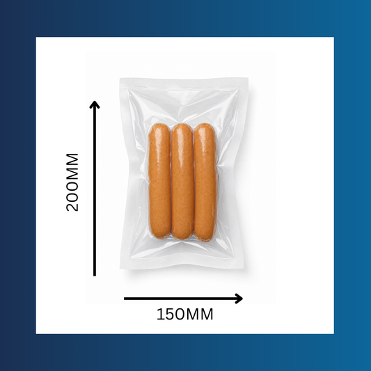 Fresh meat sealed in a 150x200mm 65mu clear vacuum pouch for food storage