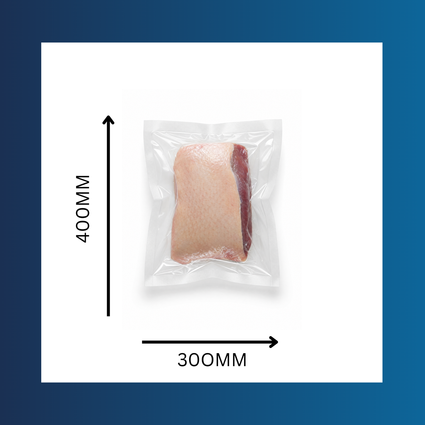 Close-up of 300x400mm 65 micron clear vacuum pouch containing fresh food