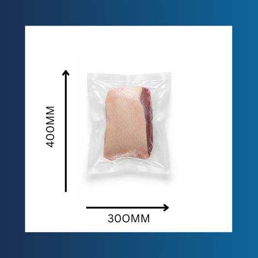 Close-up of 300x400mm 65 micron clear vacuum pouch containing fresh food