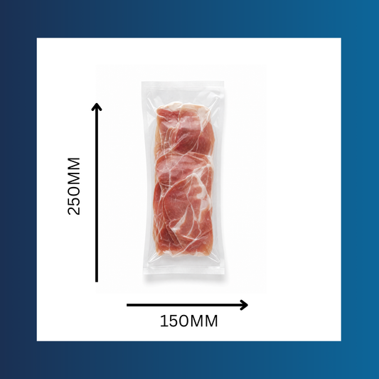 Fresh meat sealed in a 150x250mm 65mu clear vacuum pouch
