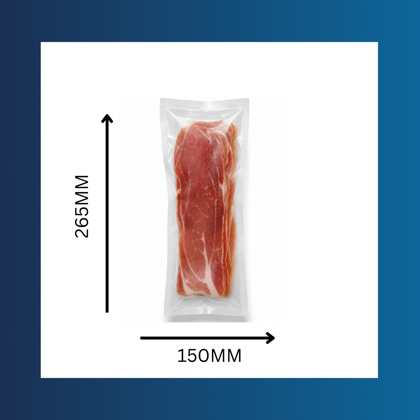 Fresh meat sealed in a 150x265mm 65 micron clear vacuum pouch