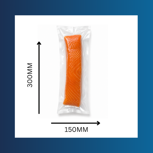 Clear 150 x 300mm 65 micron vacuum pouch shown filled with fresh food
