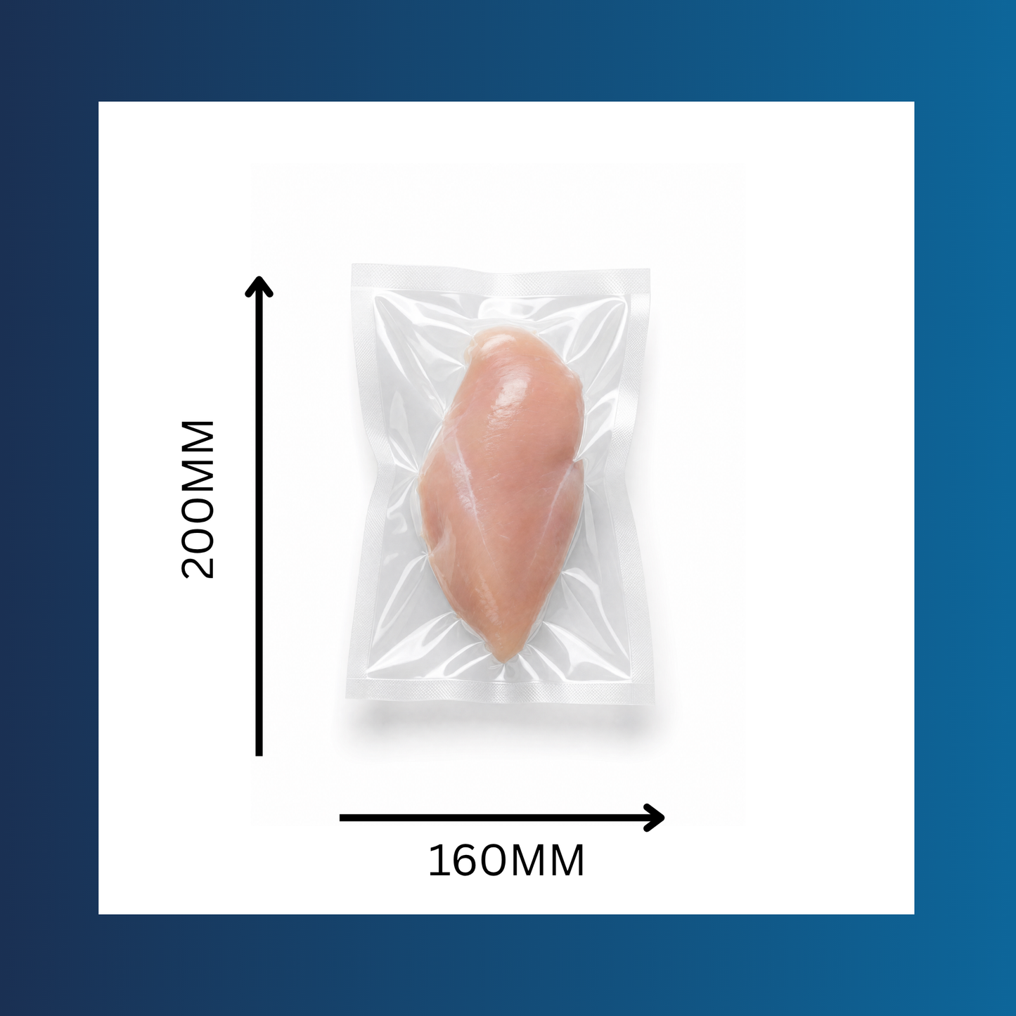 Meat sealed in a 160x200mm 65 micron clear vacuum pouch