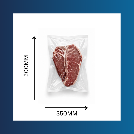 Clear 300x350mm 65 micron vacuum pouch shown sealing fresh food products