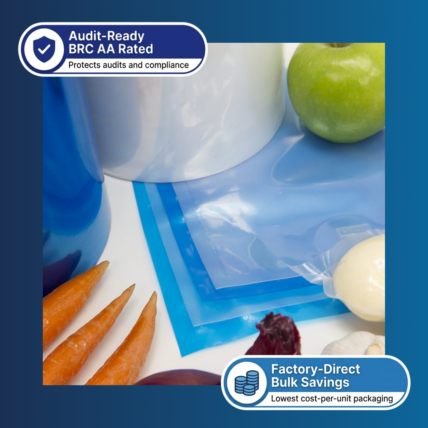 Close-up of blue 400x600mm 65mu vacuum pouch sealing fresh meat
