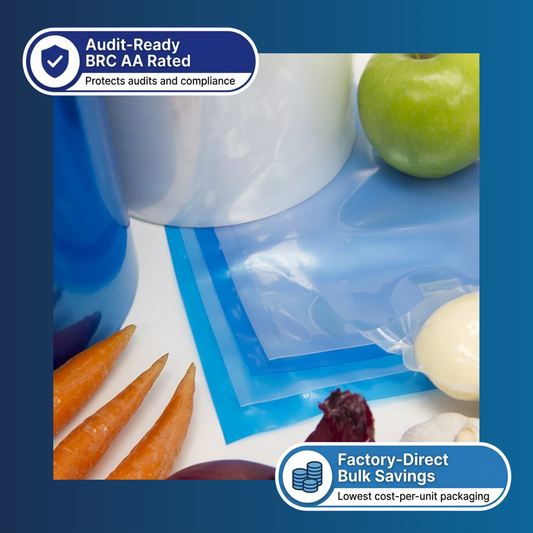Close-up of blue 400x600mm 65mu vacuum pouch sealing fresh meat