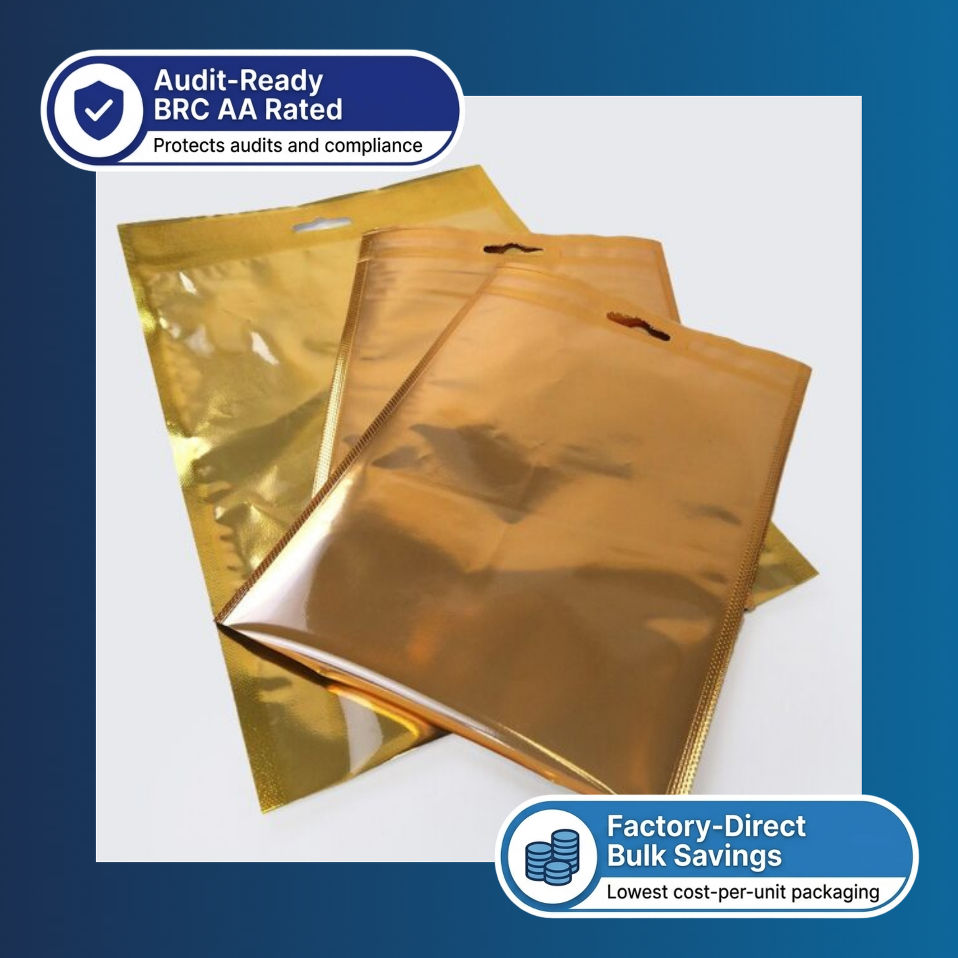 200x300mm 80 micron gold vacuum pouch with clear front detail view